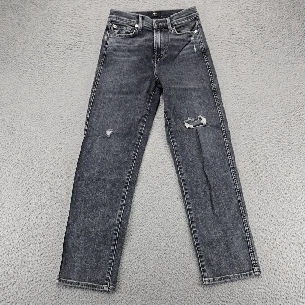 7 For All Mankind High Waist Cropped Straight Jeans Womens 25 Gray Distressed